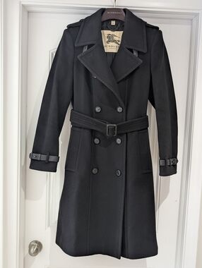 Burberry London Black Wool Cashmere Trench Coat UK12 US10 Excellent Condition